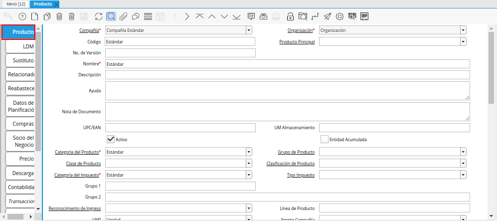Pestaña Principal Producto