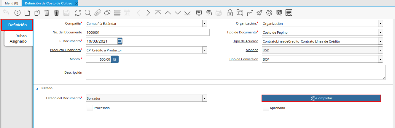 pestaña principal definición y opción completar