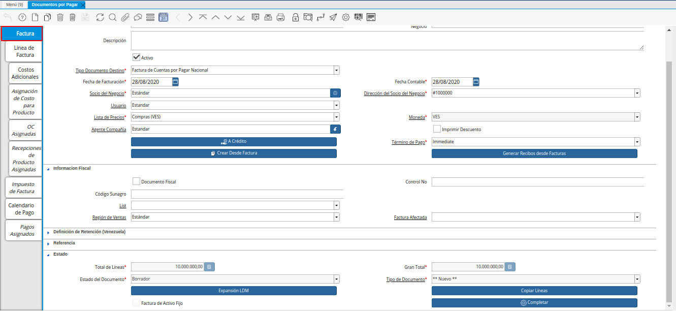 Pestaña Principal Factura de la Ventana Documentos por Pagar desde Orden de Compra