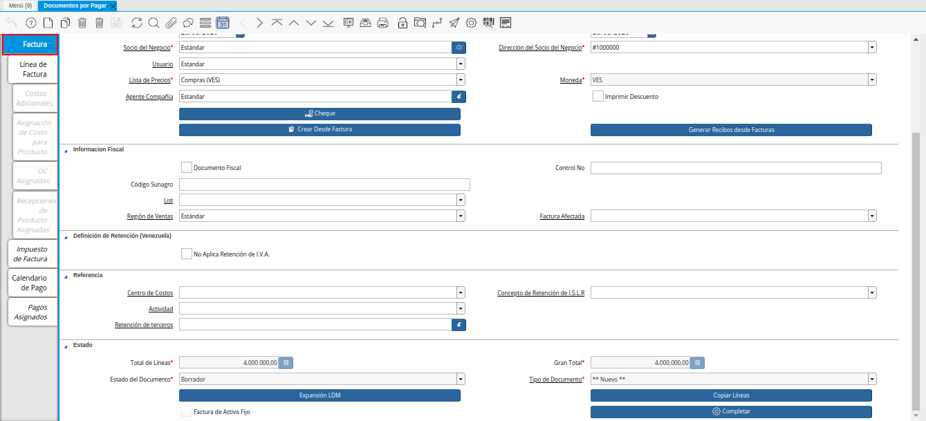 Pestaña Principal Factura