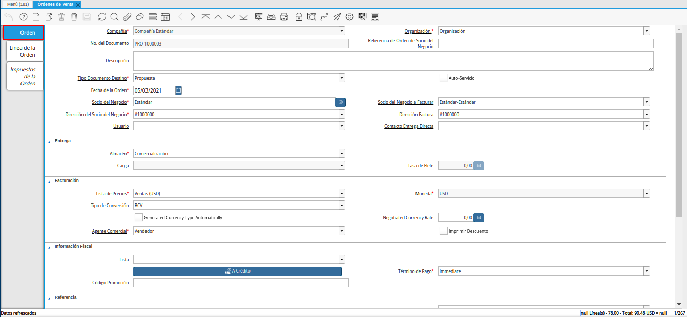 pestaña principal orden de la ventana órdenes de venta