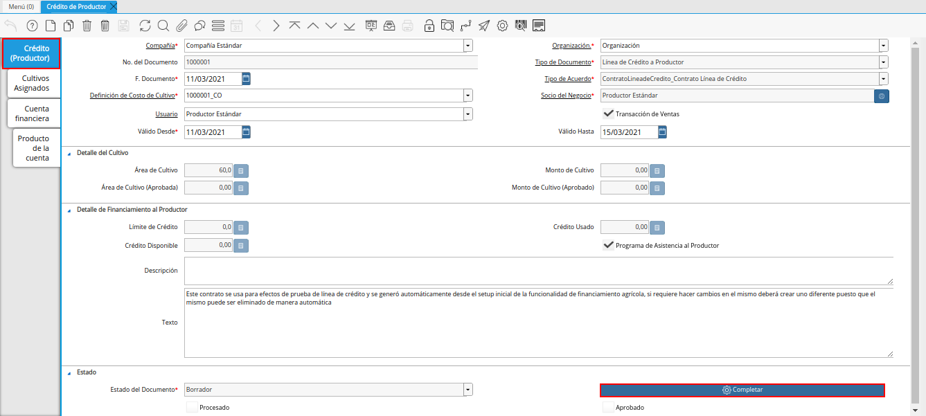pestaña principal crédito productor y opción completar
