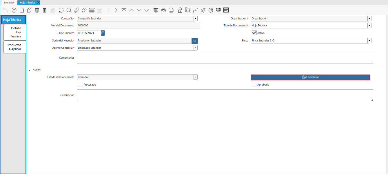 pestaña principal hoja técnica y opción completar