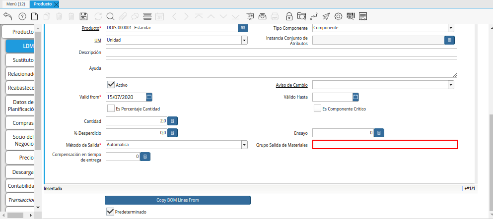 Campo Grupo Salida de Materiales de la Pestaña ldm del Producto Estándar para Producción