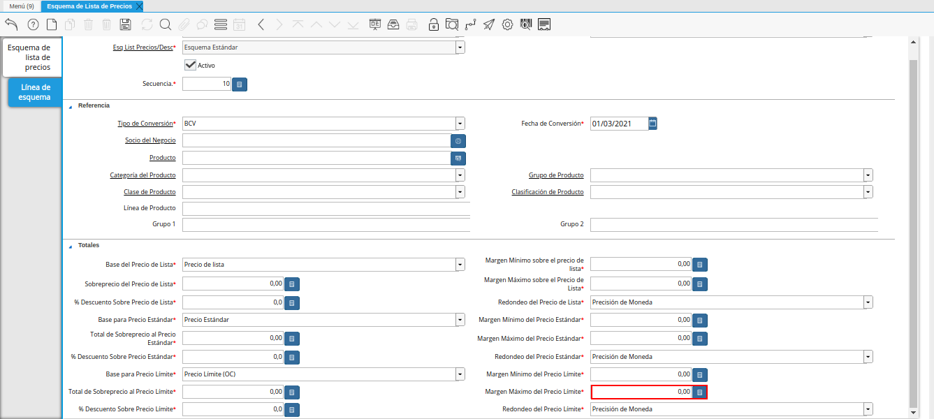 campo margen máximo del precio límite de la pestaña línea de esquema