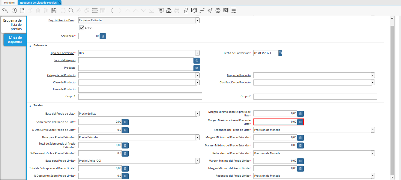 campo margen máximo sobre el precio de lista de la pestaña línea de esquema