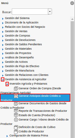menú de generar anticipos desde crédito al productor