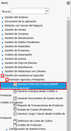menú de generar orden de compra desde financiamiento agrícola