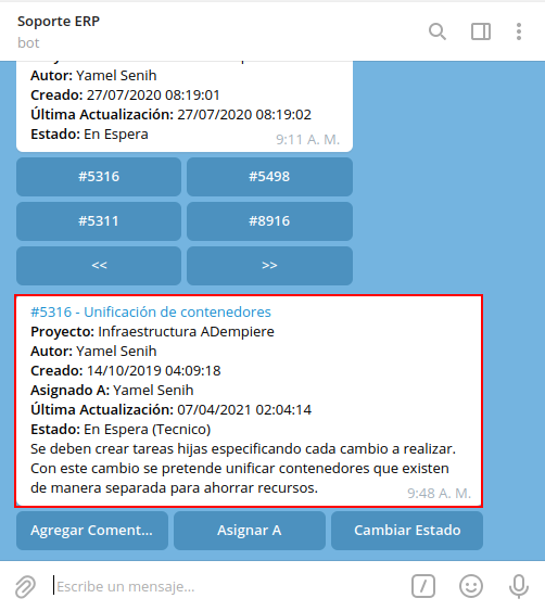 mensaje recibido con consulta de tarea del consultar tareas