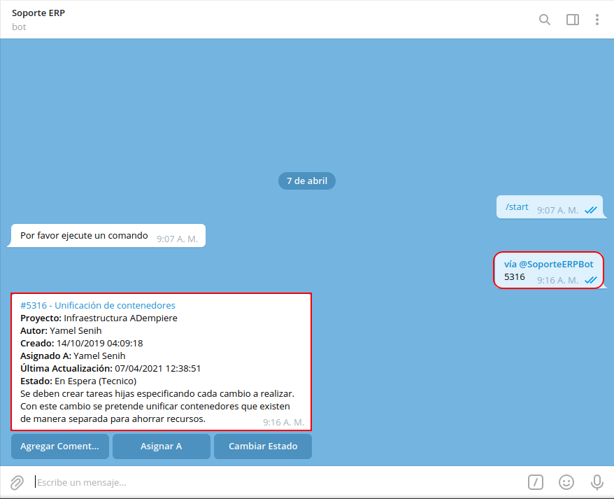 mensaje recibido con consulta de tarea