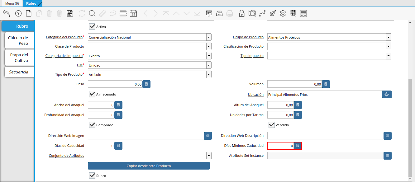 Campo Días Mínimos Caducidad