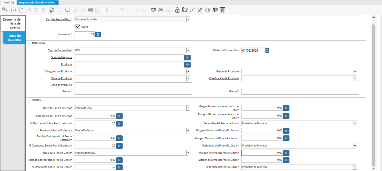 campo margen mínimo del precio límite de la pestaña línea de esquema