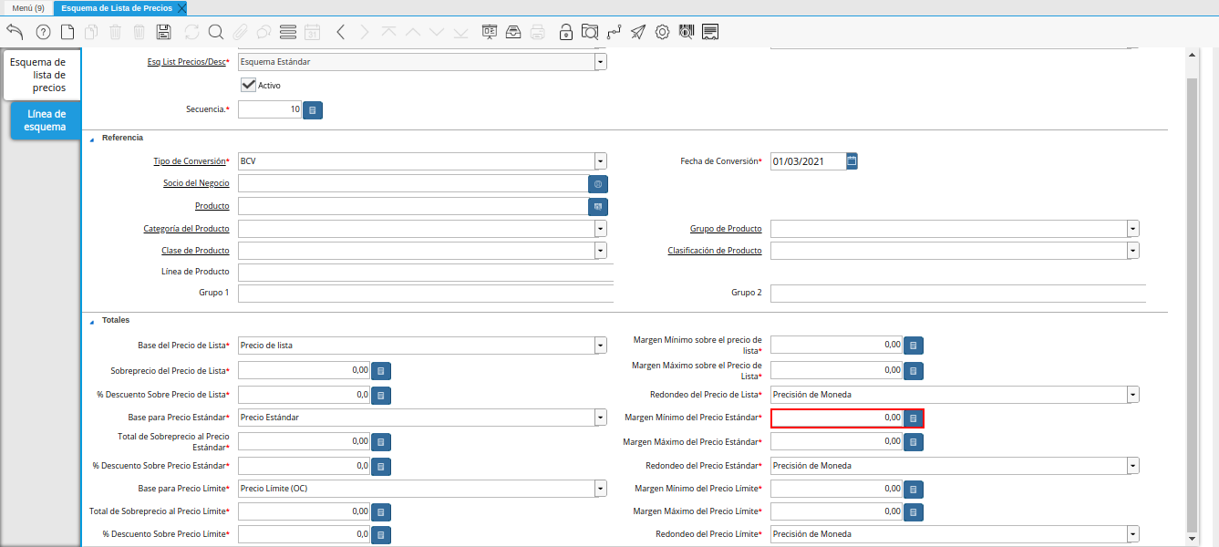 campo margen mínimo del precio estándar de la pestaña línea de esquema