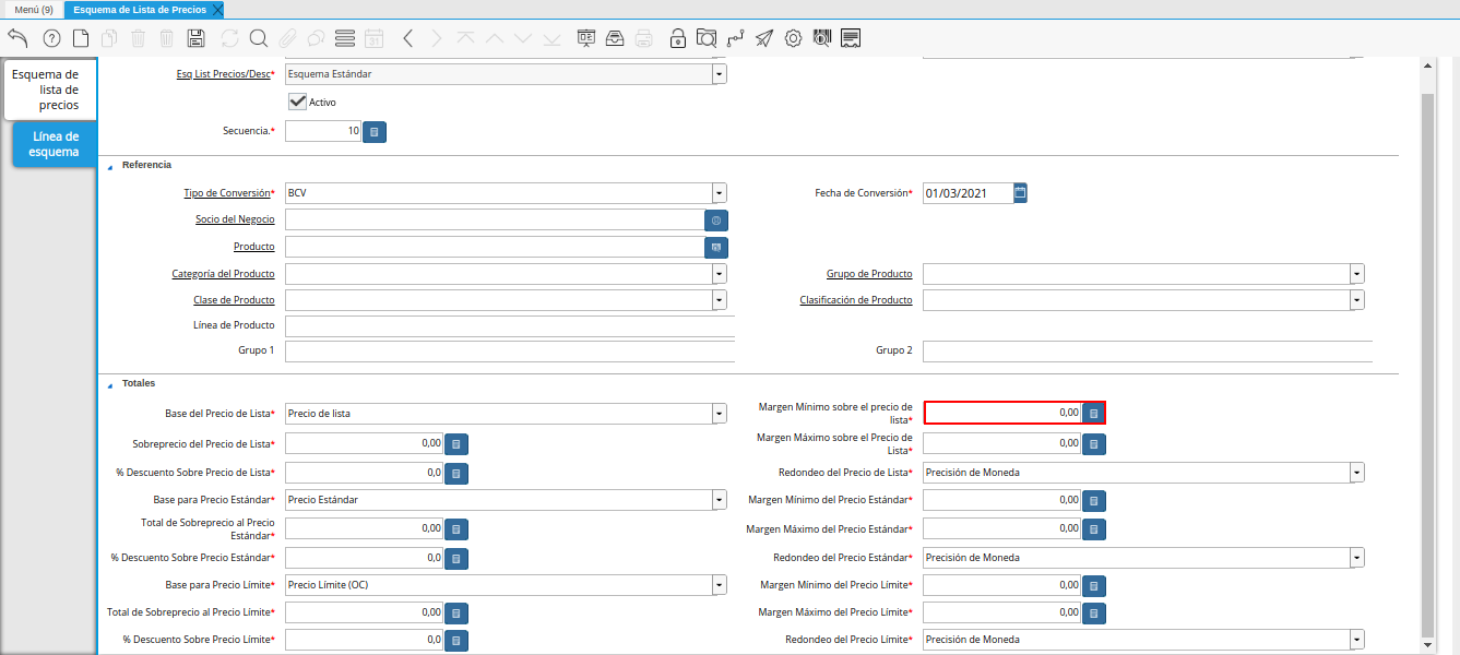 campo margen mínimo sobre el precio de lista de la pestaña línea de esquema