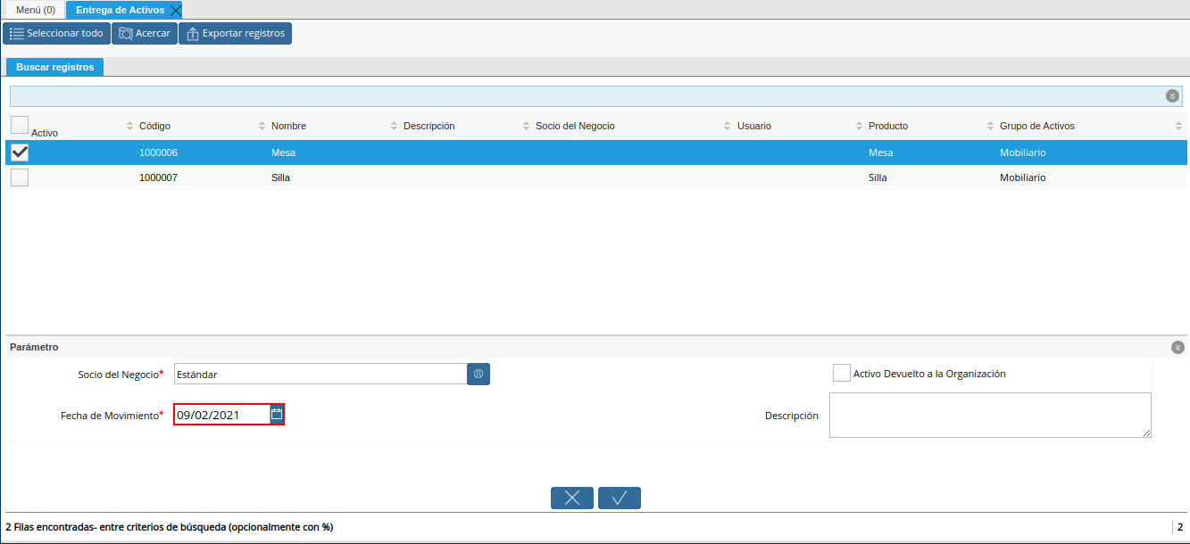 campo fecha del movimiento de la ventana entrega de activos