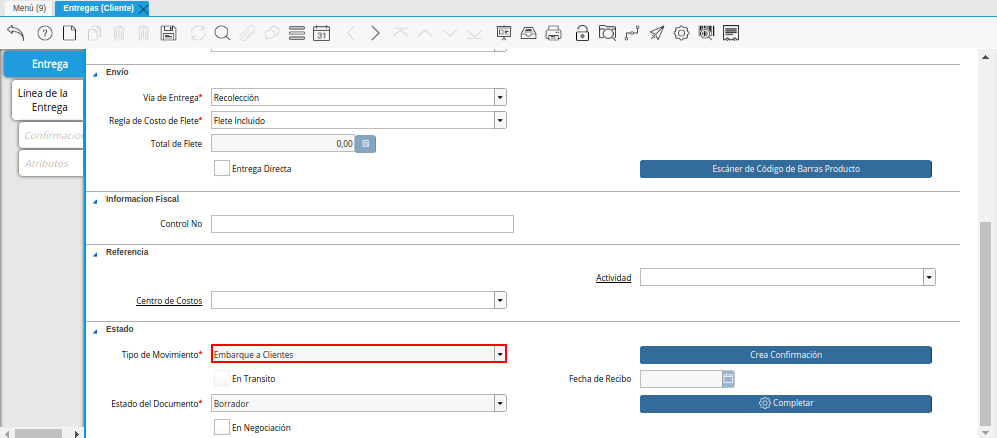 Campo Tipo de Movimiento de la Ventana Entregas Cliente