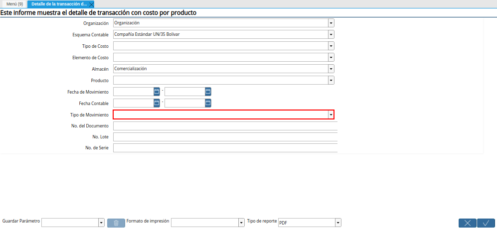 Campo Tipo de Movimiento de la Ventana Detalle de la Transacción de Costos