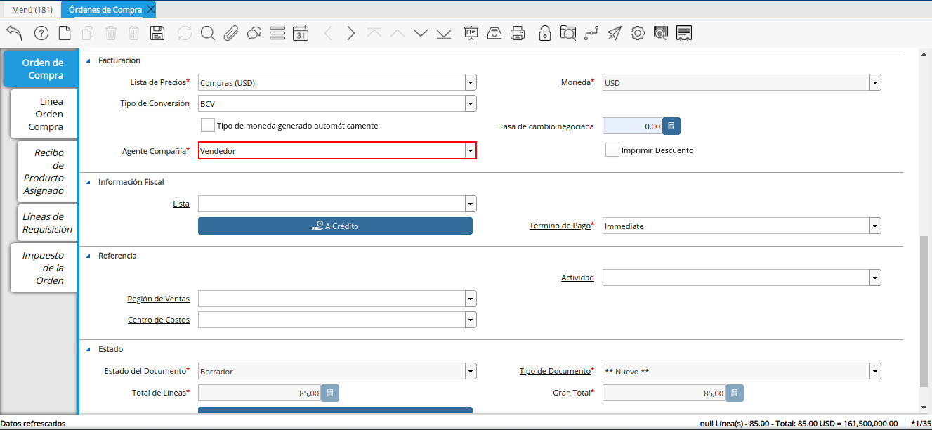 campo agente compañía orden multimoneda