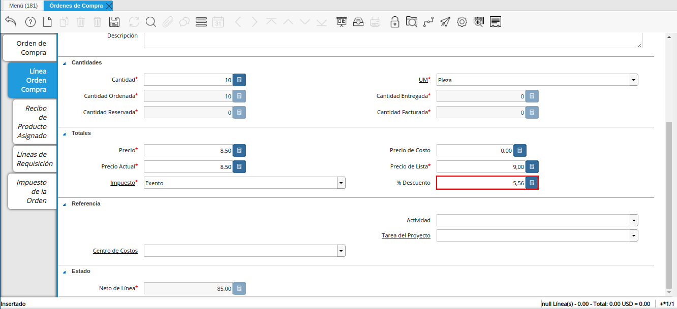 campo descuento orden multimoneda