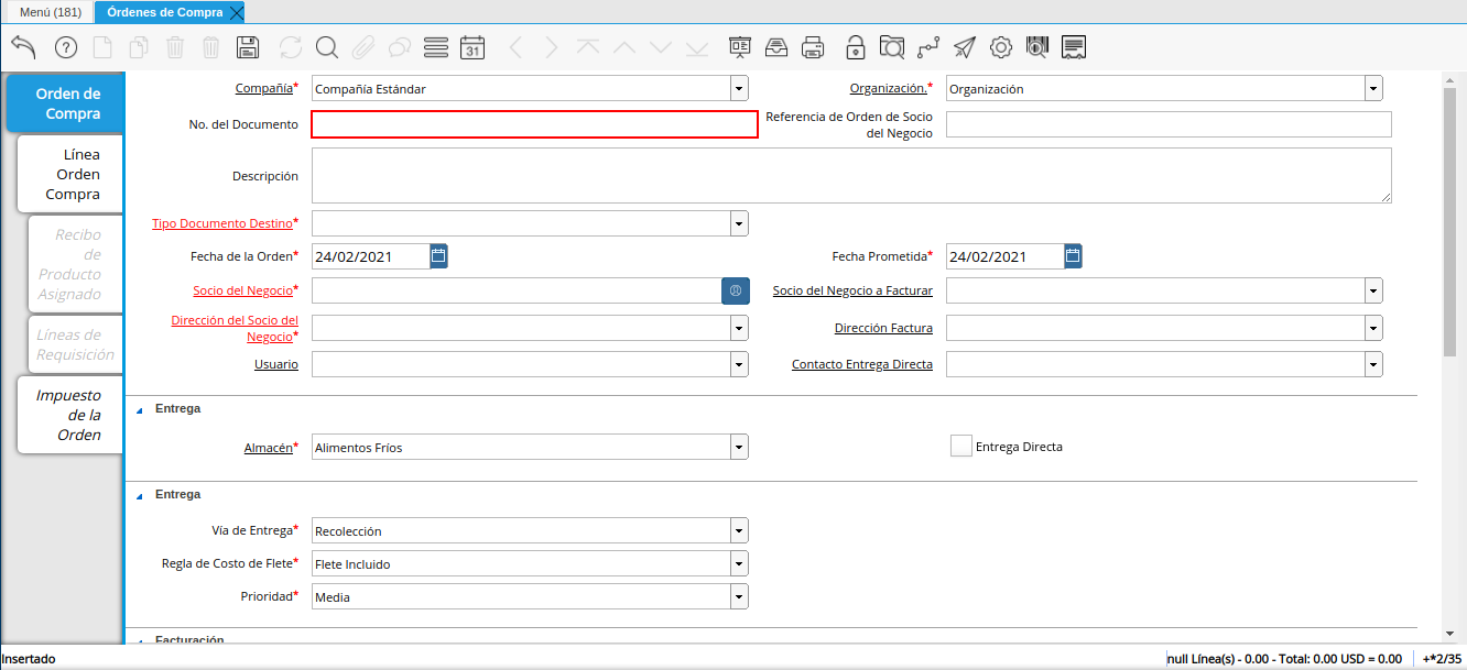 campo número del documento orden multimoneda