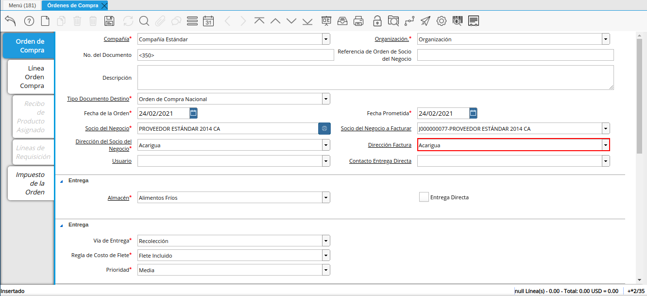 campo dirección factura orden multimoneda