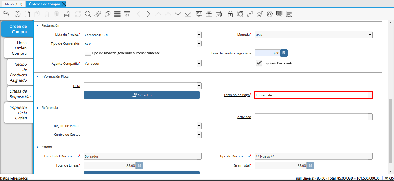 campo término de pago orden multimoneda