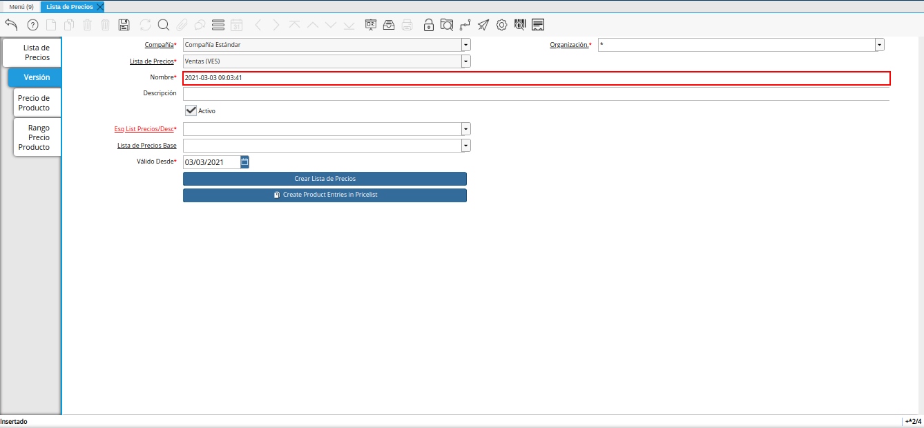 campo nombre para lista de precios desde otra