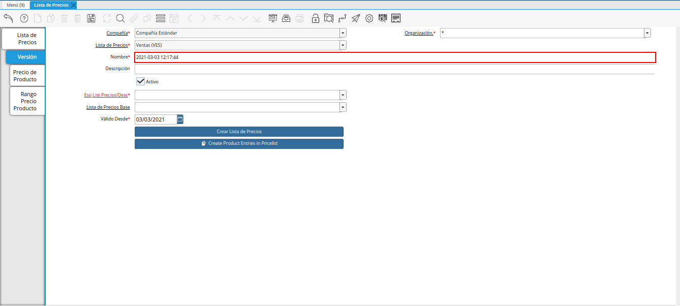 campo nombre para lista de precios desde última oc procesada