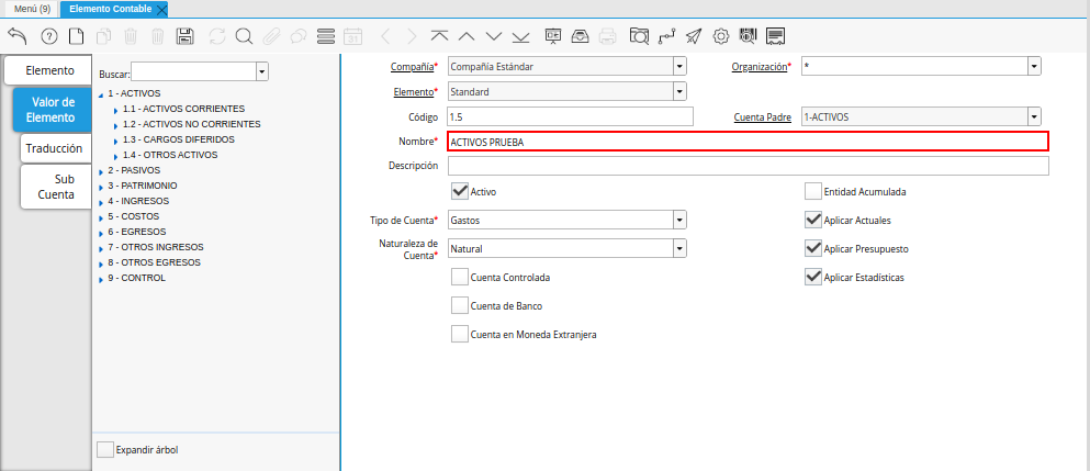 Campo Nombre de la Pestaña Valor de Elemento de la Ventana Elemento Contable