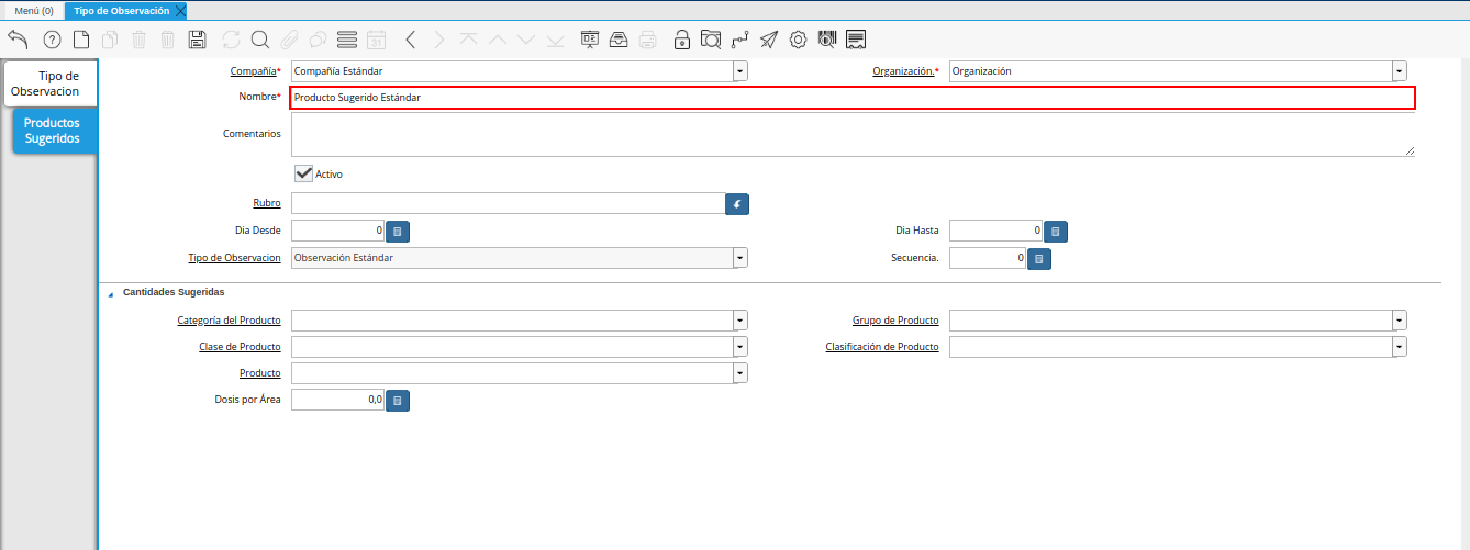 campo nombre de la pestaña productos sugeridos de la ventana tipo de observación