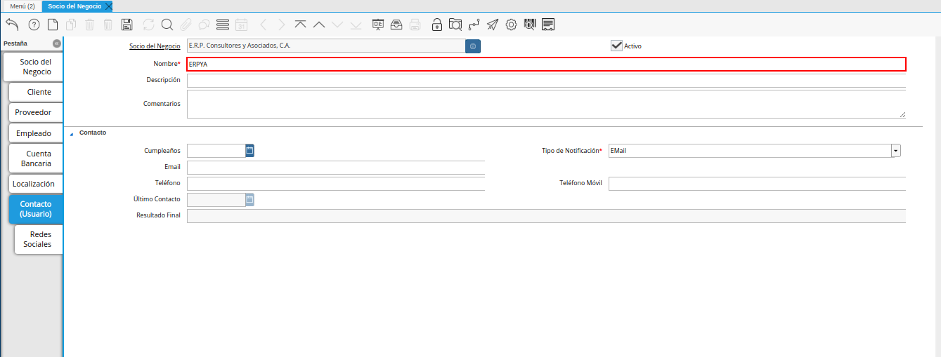 campo nombre de la pestaña contacto usuario de la ventana socio del negocio