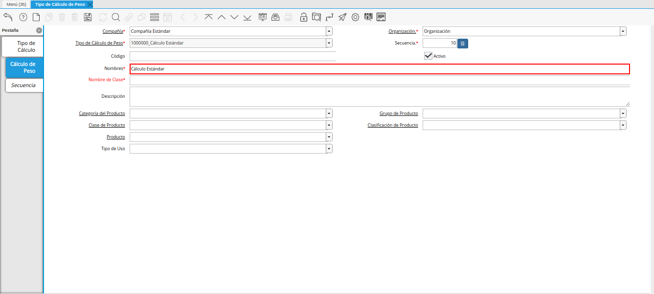 campo nombre de la pestaña cálculo de peso de la ventana tipo de cálculo de peso