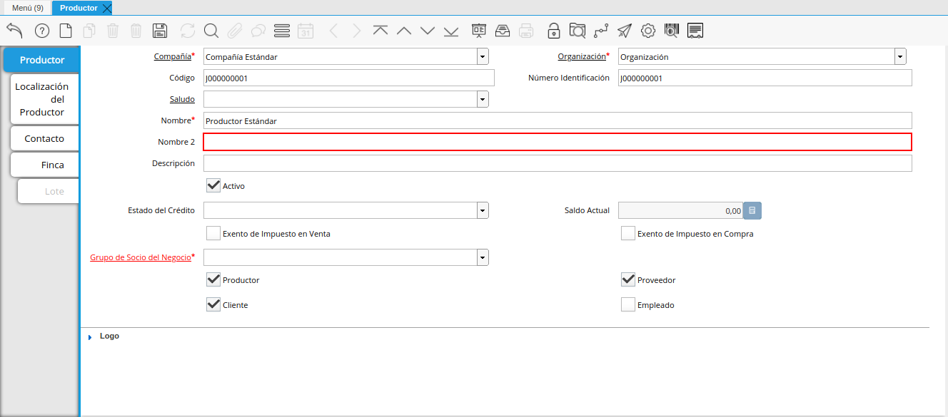 campo nombre dos de la ventana productor