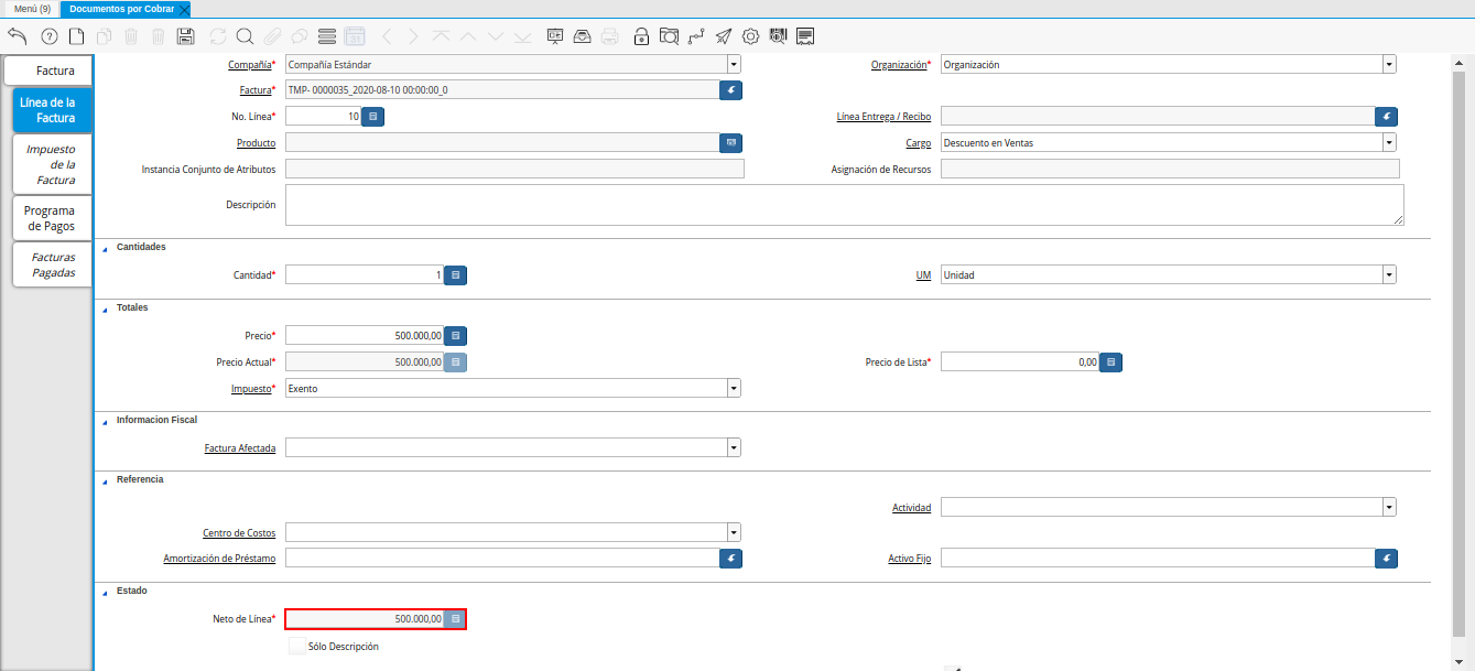 Campo Neto de Línea de la Nota de Crédito de CxC
