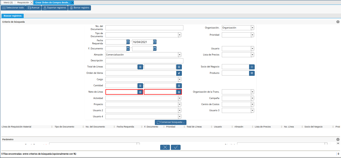 campo neto de la línea de la requisición