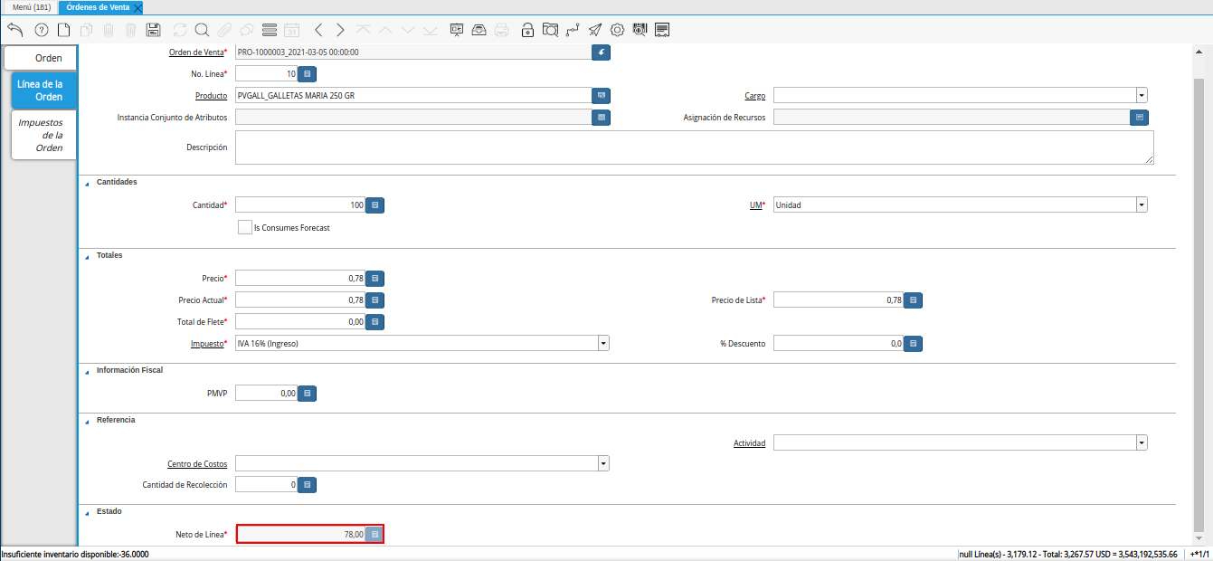 campo neto de línea de la pestaña línea de la orden de la ventana órdenes de venta