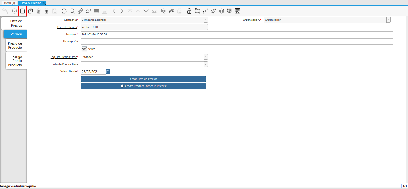 icono registro nuevo para lista de precios base