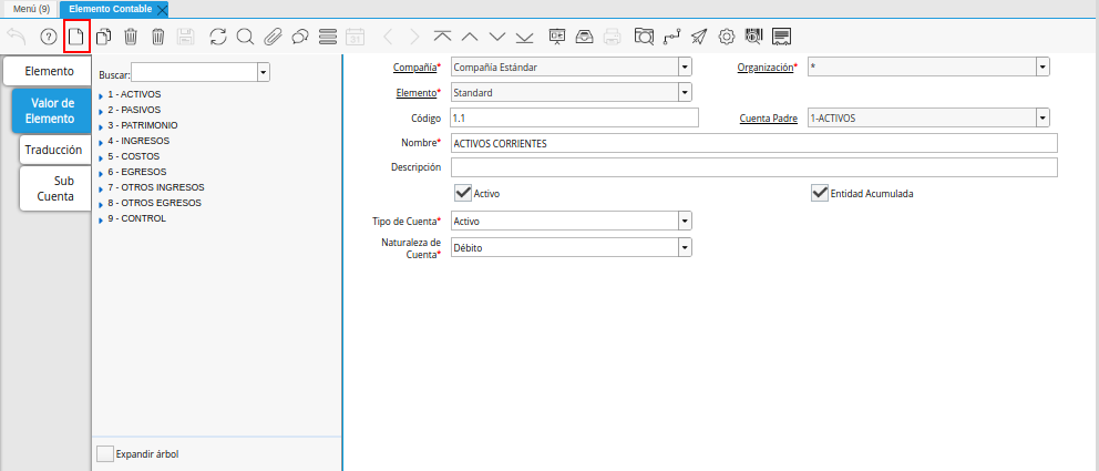 Icono Registro Nuevo de la Pestaña Valor de Elemento de la Ventana Elemento Contable