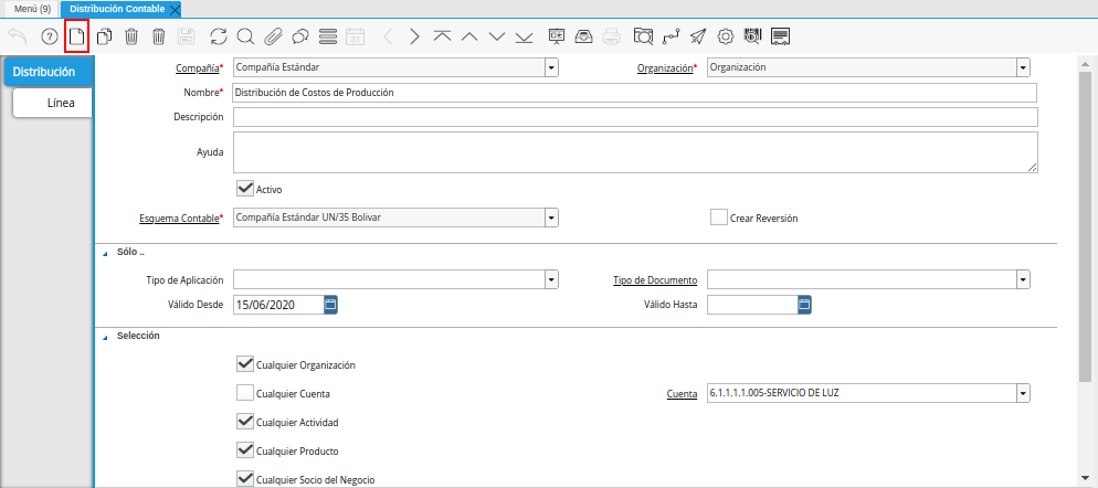Icono Registro Nuevo de la Ventana Distribución Contable
