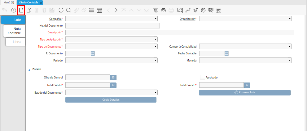 Icono Registro Nuevo de la Pestaña Lote Contable de la Ventana Diario Contable