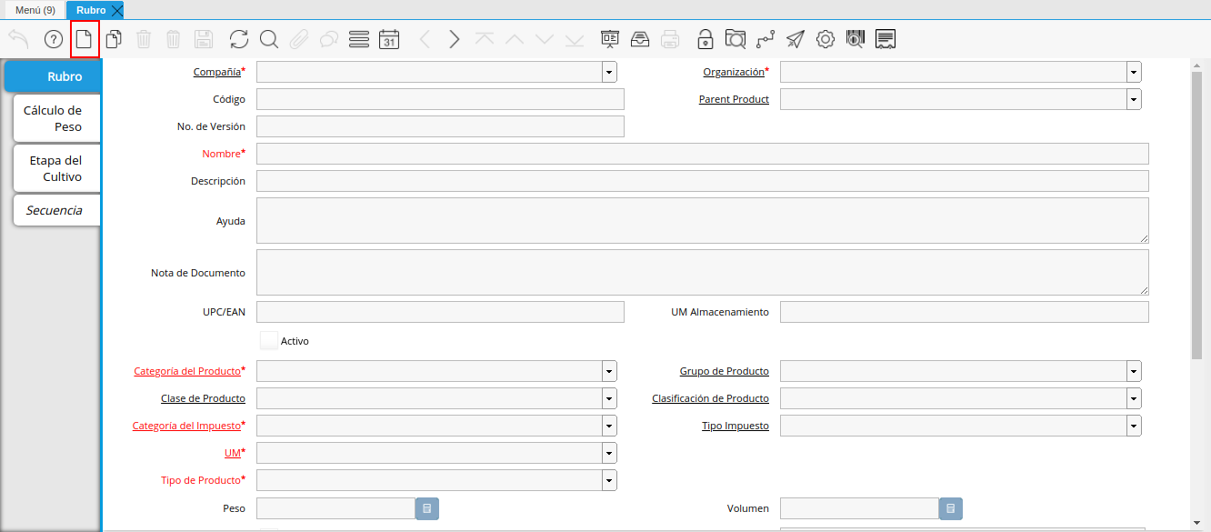 icono registro nuevo de la ventana rubro