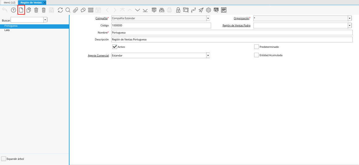 Icono Registro Nuevo de la Ventana Región de Ventas