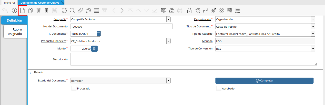 icono registro nuevo de la ventana definición de costo de cultivo