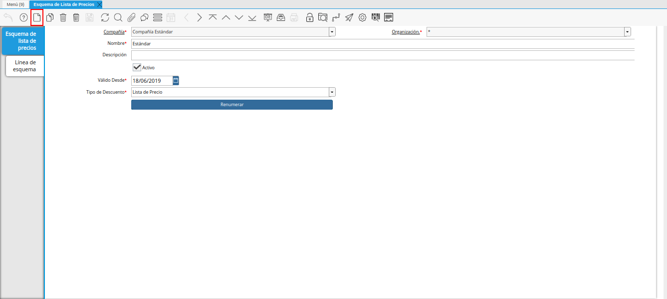 icono registro nuevo de la ventana esquema de lista de precios