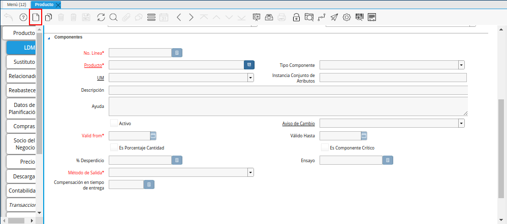 Icono Registro Nuevo de la Pestaña ldm del Producto Estándar para Producción