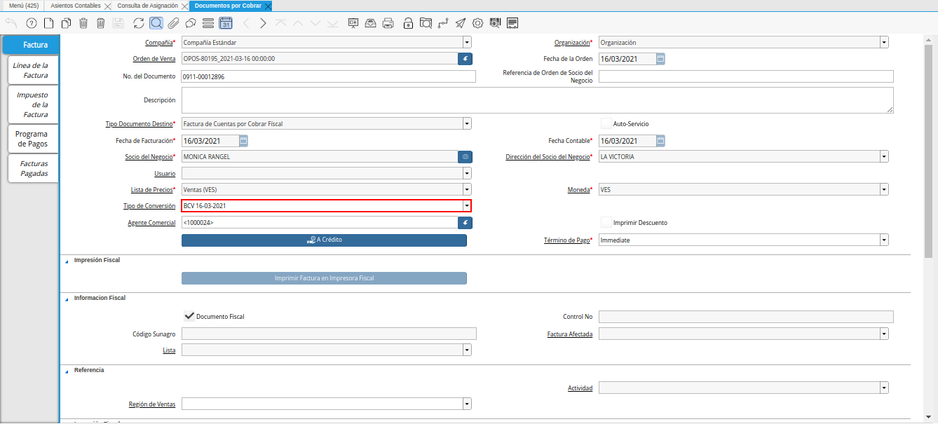 nuevo tipo de conversión en la factura de la ventana documentos por cobrar