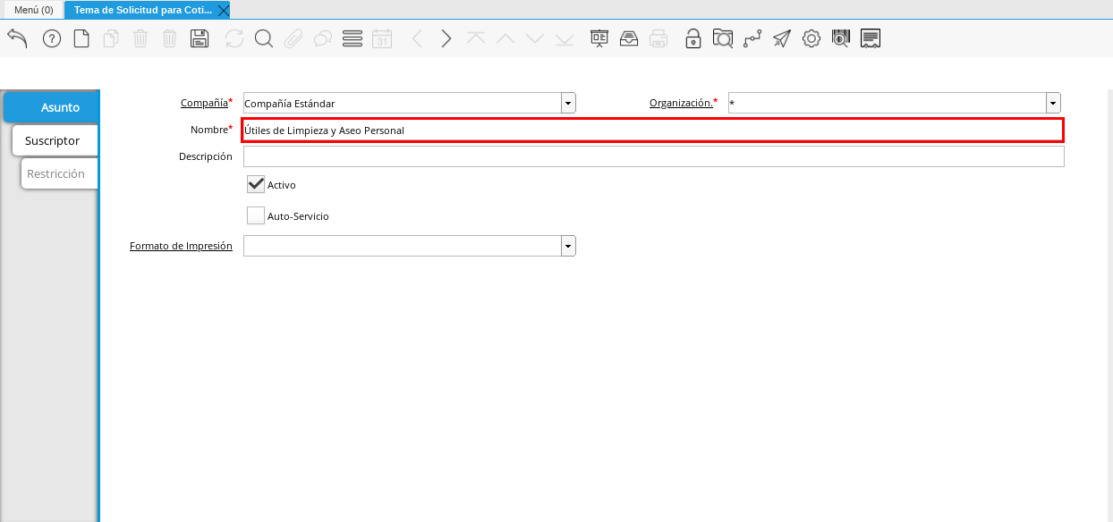 Campo Nombre de Tema para Cotizar