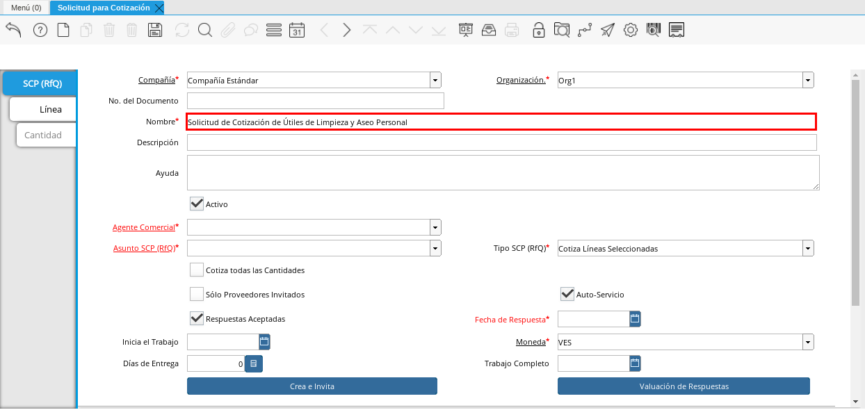 Campo Nombre de Solicitud para Cotización