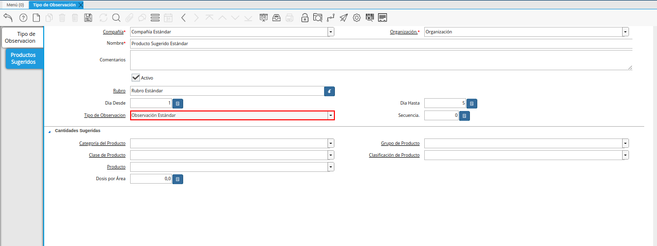 campo tipo de observación de la pestaña productos sugeridos de la ventana tipo de observación