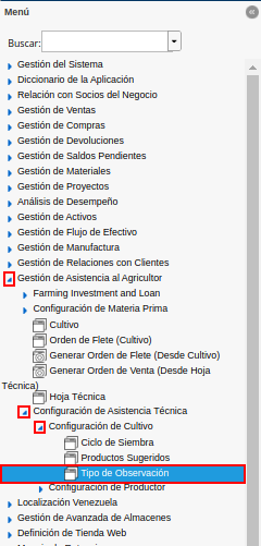 menú de tipo de observación
